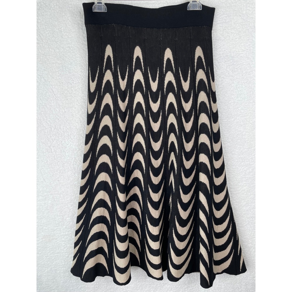 NorthStyle Womens Black Beige Knit Scalloped Wave Midi Skirt Size M Sweater Styl